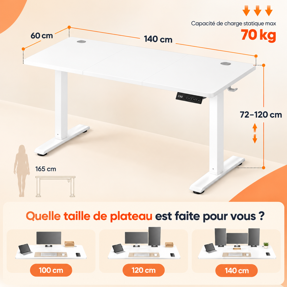 Bureau Électrique Réglable en Hauteur – 140 × 60 cm – Mémoire 4 Positions – Blanc