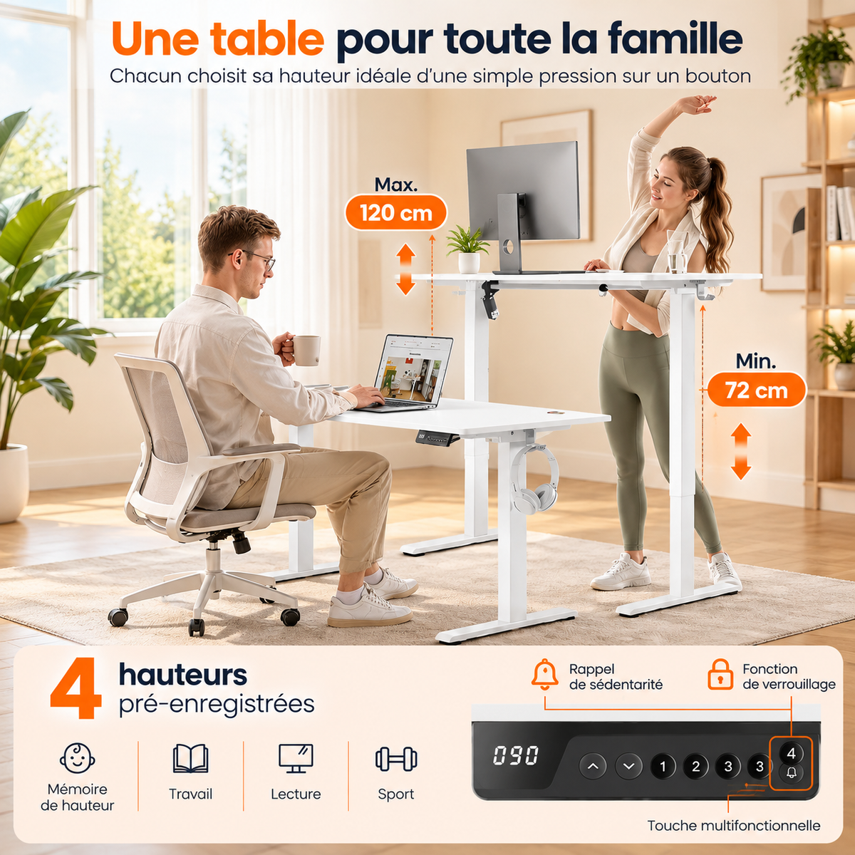 Bureau Électrique Réglable en Hauteur – 140 × 60 cm – Mémoire 4 Positions – Blanc